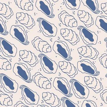 Seamless doodle pattern with oysters in la dolce vita Italian style. Blue o.. Stock Illustration