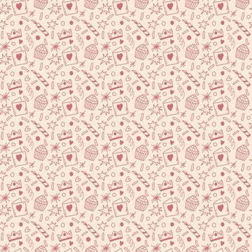 Seamless doodle pattern in pink and champagne color. Cute cartoon background  Stock Illustration