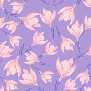 Seamless doodle pattern with pink crocus flower simple ornament. Pastel purpl Stock Illustration