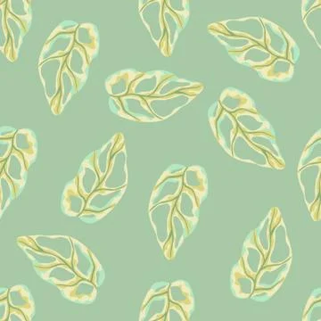 Seamless doodle pattern with simple monstera yellow shapes. Light green backg Illustrazione stock
