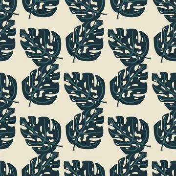 Seamless doodle pattern with simple navy blue monstera leaf silhouettes ornam Stock Illustration