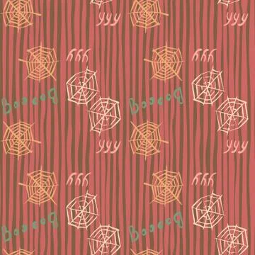 Seamless doodle pattern with spider web simple silhouettes. Pale yellow and w Illustrazione stock