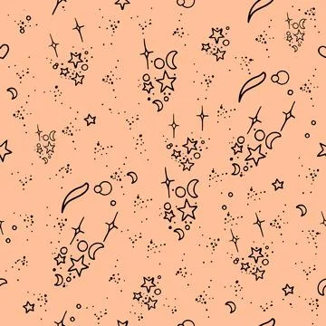 Seamless doodle pattern with stars and moons on Peach Fuzz background. Boho.. Stock Illustration
