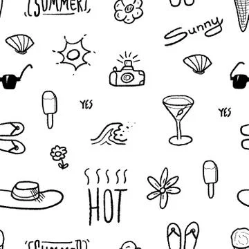 Seamless doodle pattern with summer vacation and beach themes - textile or be Stock Illustration