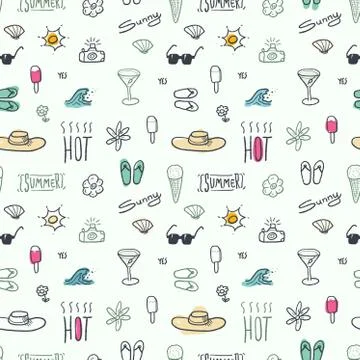 Seamless doodle pattern with summer vacation and beach themes - textile or be Stock Illustration