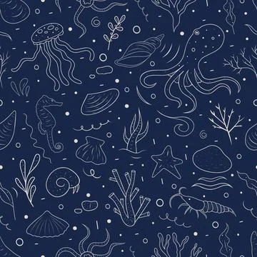 Seamless doodle pattern with underwater life Stock Illustration