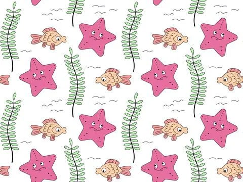 Seamless  doodle pattern underwater world, children's, starfish,algae and fis 库存插图