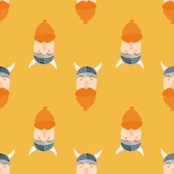 Seamless doodle pattern with viking character ornament. Stylized woodland man Stock Illustration