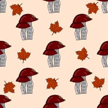 Seamless doodle pattern with wild mushrooms on a beautiful background. Stock Illustration