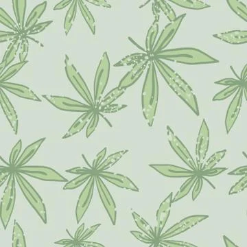 Seamless doodle random pattern with light green marijuana leafs. Light grey b Stock Illustration