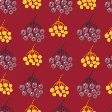 Seamless doodle simple pattern with wild ash berry ornament. Bright maroon ba Stock Illustration