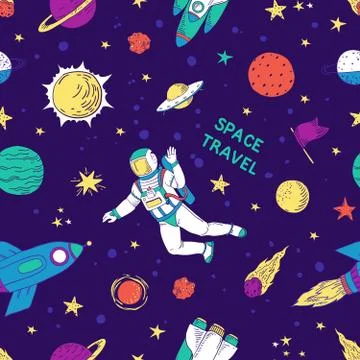 Seamless doodle space pattern. Trendy cute kids hand drawn graphic astronomy イラスト素材