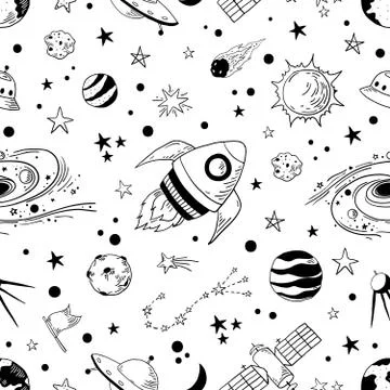 Seamless doodle space pattern. Trendy kids cosmos graphic elements, astronomy Stock Illustration