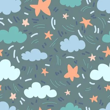 Seamless doodle-style pattern with clouds, stars, and abstract elements, perf 스톡 일러스트