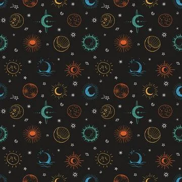 Seamless doodle-style pattern with hand-drawn bright stars and moons on black Stock Illustration