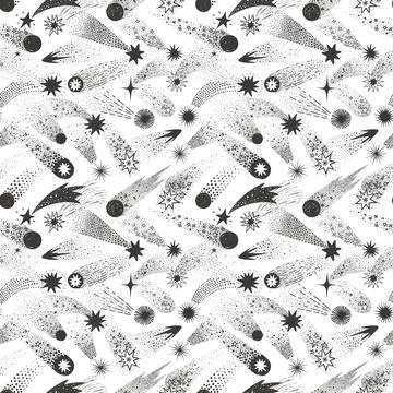 Seamless doodle-style pattern with hand-drawn black shooting stars on white Illustrazione stock