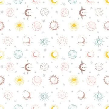 Seamless doodle-style pattern with hand-drawn stars and moons in pastel tones Stock Illustration