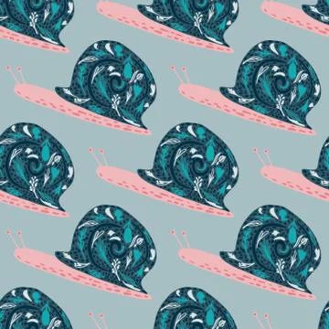 Seamless doodle stylized pattern with cartoon snail silhouettes. Blue and pin Stock Illustration