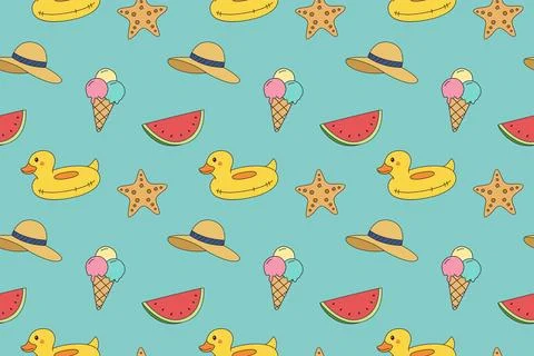 Seamless doodle summer beach elements pattern background design. Stock Illustration