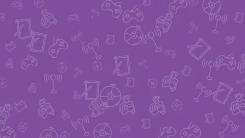 Seamless Doodle Technology and Entertainment Pattern on Purple Background Stock Footage 344909971