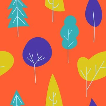 Seamless doodle trees pattern on orange background good to children bedroom Stock Illustration