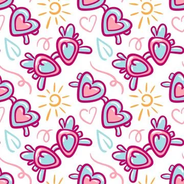 Seamless doodle vector pattern of sunglasses shaped like strawberries and hearts Illustrazione stock