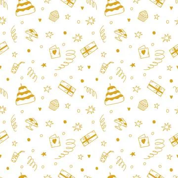 Seamless doodle vector pattern with sweets, birthday cake, gifts and stars. C Stock Illustration
