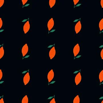 Seamless doodle vitamin pattern with orange bright lemons. Black background.  Stock Illustration