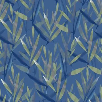Seamless doodle watercolour leaves pattern on blue background , greeting card Stock Illustration