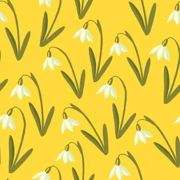 Seamless doodle white flowers pattern on yellow background , greeting card or Illustrazione stock