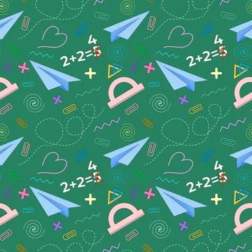 Seamless doodles pattern with paper planes, math correction, protractors, a.. Stock Illustration