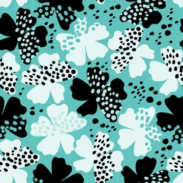 Seamless dot flower pattern on green background Stock Illustration