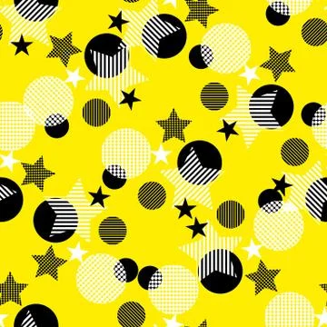 Seamless dots modern pattern. Yellow background geometry circle, star color s Stock Illustration