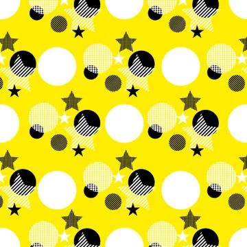 Seamless dots modern pattern. Yellow background geometry circle, star color s Stock Illustration