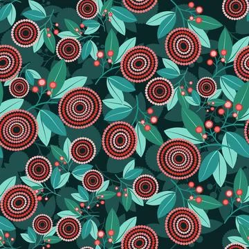 Seamless Dotted Circle Floral Pattern with Vibrant Red Berries and Teal Leav Stock Illustration