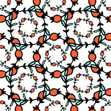 Seamless double diamond pattern of red berries and turquoise leaves. a pattern Illustrazione stock
