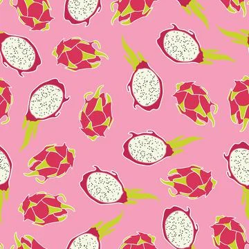 Seamless dragon fruit pattern on pink background Stock Illustration
