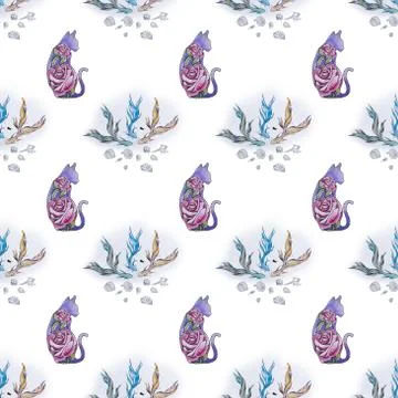 Seamless drawing of a cat and fish on white background. Stock Illustration