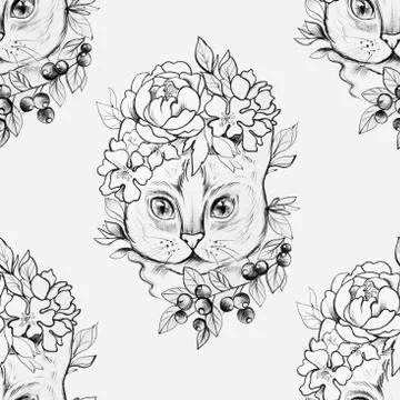 Seamless drawing of a cat head in beautiful flowers on a white background. Stock Illustration