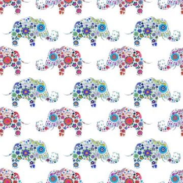 Seamless drawing of an elephant with floral patterns on a white background. Stock Illustration