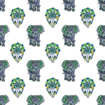 Seamless drawing of elephants in patterns on a white background. Stock Illustration
