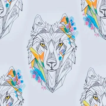 Seamless drawing of a wolf head on a white background. Stock Illustration