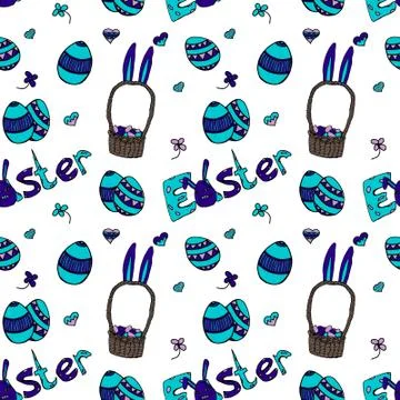 Seamless EASTER in blue: eggs, bunny ears, flowers, hearts 库存插图