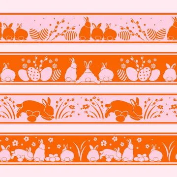 Seamless easter borders with bunny silhouettes, eggs and flowers. Spring Stock Illustration