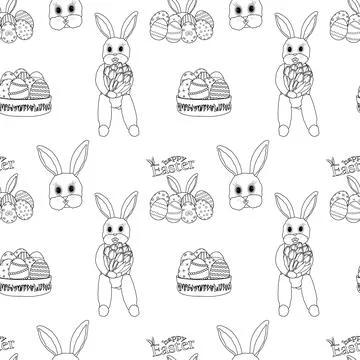 Seamless Easter Bunny and Egg Basket Pattern. Black and White Coloring Design Stock Illustration