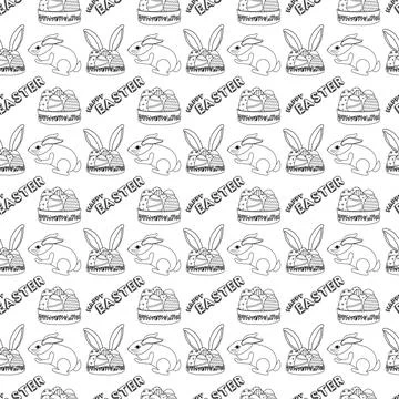 Seamless Easter Bunny and Egg Basket Pattern. Coloring Page Design Stock Illustration