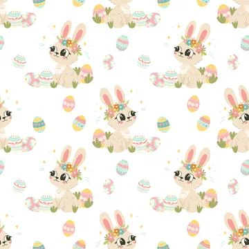 Seamless Easter Bunny and Eggs Pattern. Hand-Drawn Spring Digital Paper for.. 스톡 일러스트