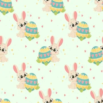 Seamless Easter Bunny Pattern, Cute Rabbits with Painted Eggs on Pastel Bac.. Stockillustratie
