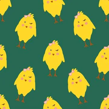 Seamless Easter chick pattern with cute yellow birds on green background Stock Illustration