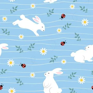 Seamless Easter floral pattern with cute bunnies and ladybugs on spring garde Stock Illustration